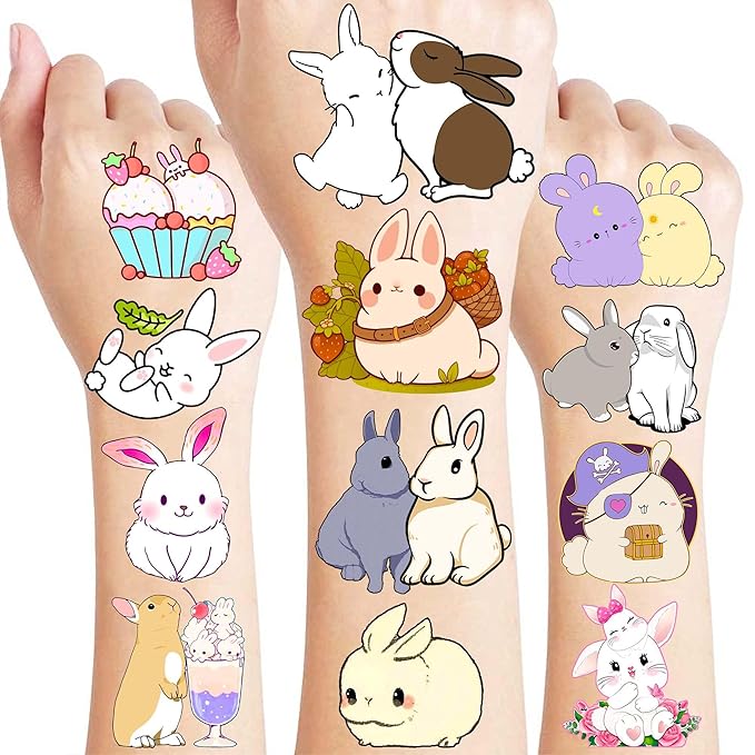 8 Sheets (96PCS) Bunny Pre-Cut Temporary Tattoos for Kids – Cute Bunny Birthday Party Favors Supplies Decorations, Easter Egg Carrot Tattoo Stickers for Boys and Girls, Classroom Rewards and Prizes