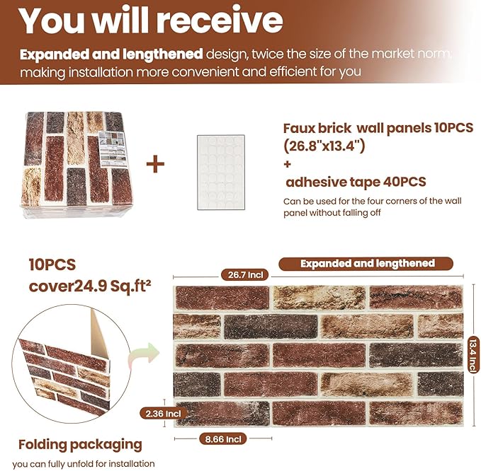 3D Wall Panels Brick Peel and Stick 26.7"x13.4"-10 PCS
