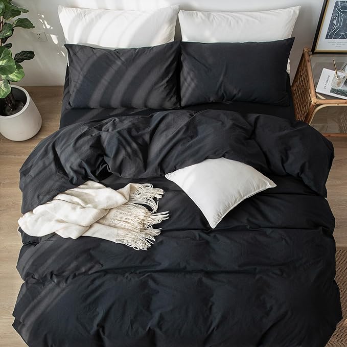 MooMee Bedding Duvet Cover Set 100% Washed Cotton Linen Like Textured Breathable Durable Soft Comfy (Solid Black, Oversized King Plus 128"x120")