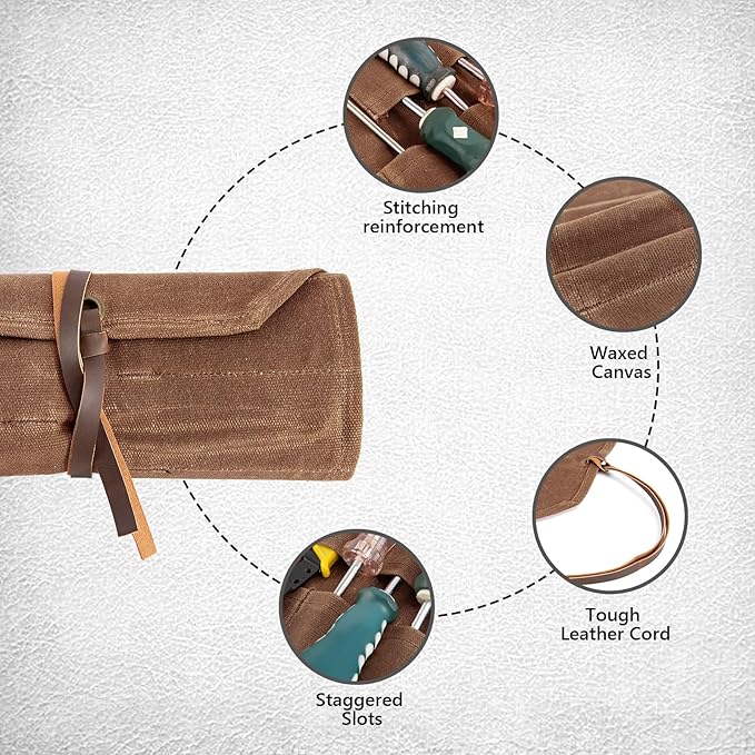 Tool Roll,10Slots Tool Roll Up Pouch,Heavy Duty Waxed Canvas Tool Roll Bag,Chisel Wrench Spanner Roll Tool Pouch with Leather Rope,Tool Roll Organizer for Mechanic Electrician Plumber Carpenter