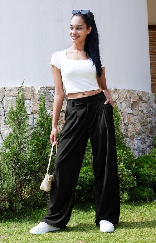 Libin Women's Wide Leg Pants - High Waisted Waffle Knit Casual Trousers with Pockets | 27"/29" Sizes