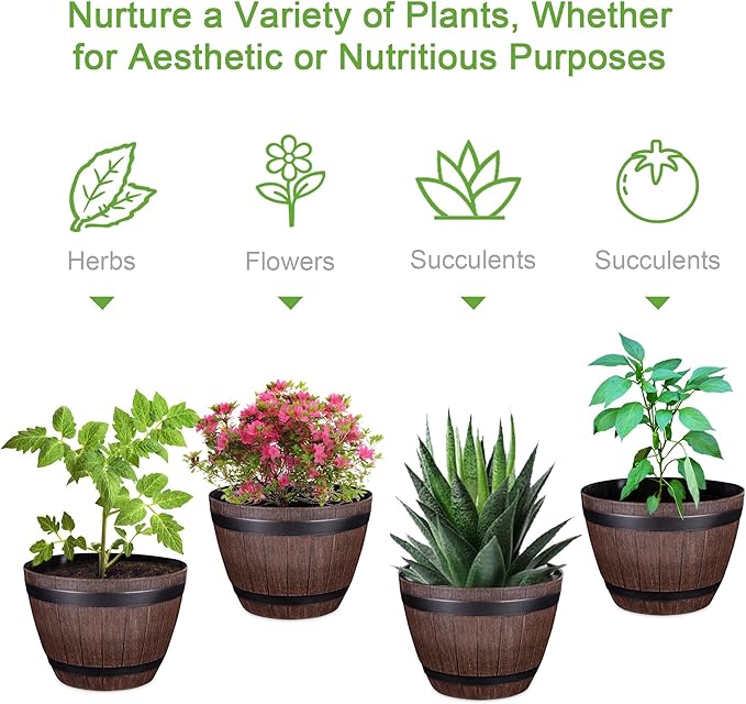 VECELO Plant Pots with Drainage Holes & Saucer, 13 Inch Flower Pots with Tray, 3 Pack Plastic Whiskey Barrel Planters for Indoor & Outdoor Garden Home Plants and Flowers