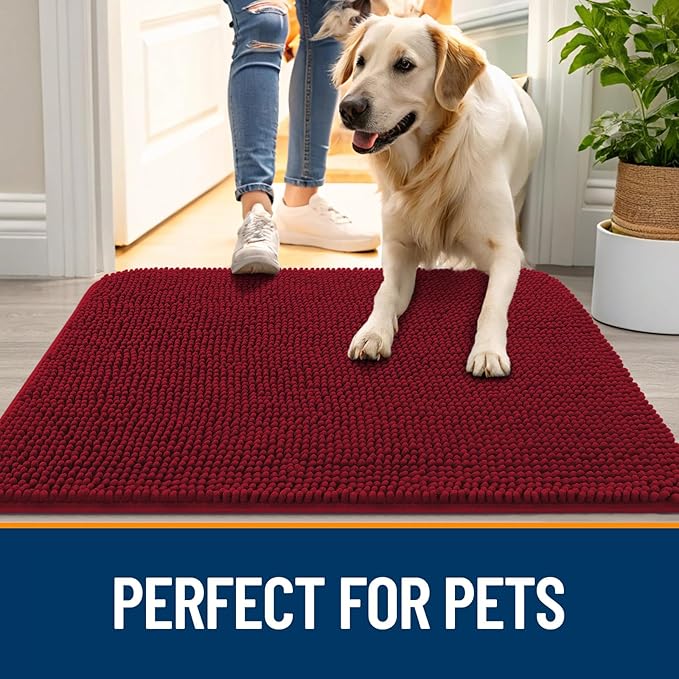 OLANLY Dog Door Mat for Muddy Paws 34x21, Absorbs Moisture and Dirt, Absorbent Non-Slip Washable Doormat, Quick Dry Chenille Mud Mat for Dogs, Entry Indoor Entryway Carpet for Inside Floor, Red
