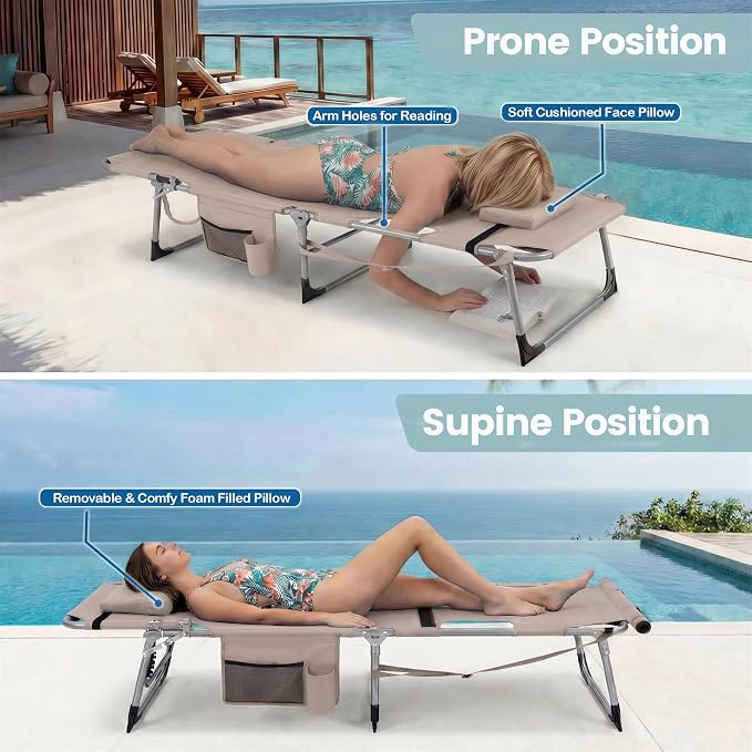 Giantex Tanning Chair, 330Lbs Beach Chair with 5 Adjustable Position, Face & Arm Hole, Hand/Shoulder Strap, Removable Pillow, Side Pocket, Chaise Lounger, Lounge Chair for Sunbathing Outdoor, Beige