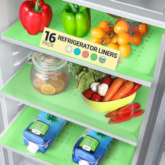 Refrigerator Liners for Shelves (16 Pack) by Linda’s Essentials - Non-Adhesive Shelf or Drawer Liner, BPA-Free Fridge Mats for Kitchen & Cabinets, Easy to Clean, Ideal Household Essentials (Green)