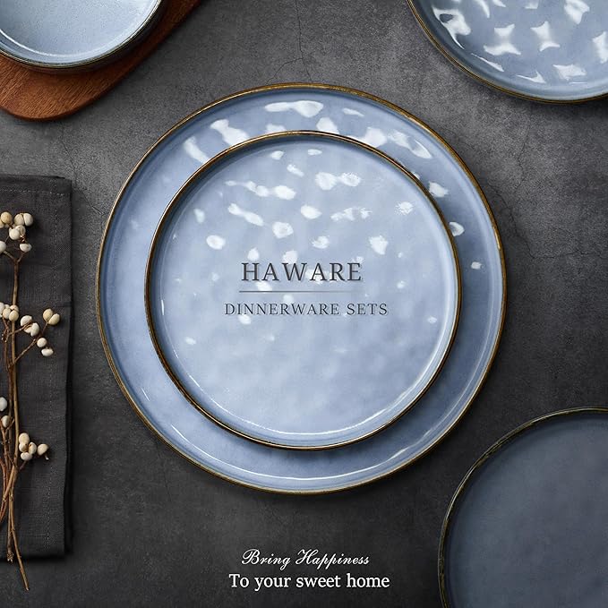 HaWare Dinnerware Sets, 12-Piece Plates and Bowls Set, Stoneware Dish Set for 4, Ceramic Dinnerware for Home Restaurant, Chip and Scratch Resistant, Microwave and Dishwasher Safe, Reactive Blue