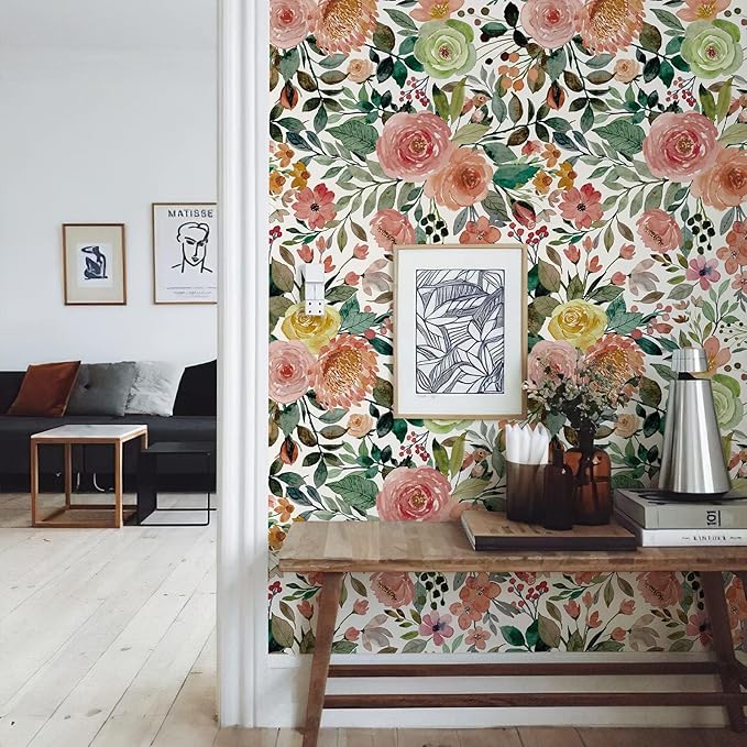 JiffDiff Floral Wallpaper Peel and Stick Removable Contact Paper Peony Roses