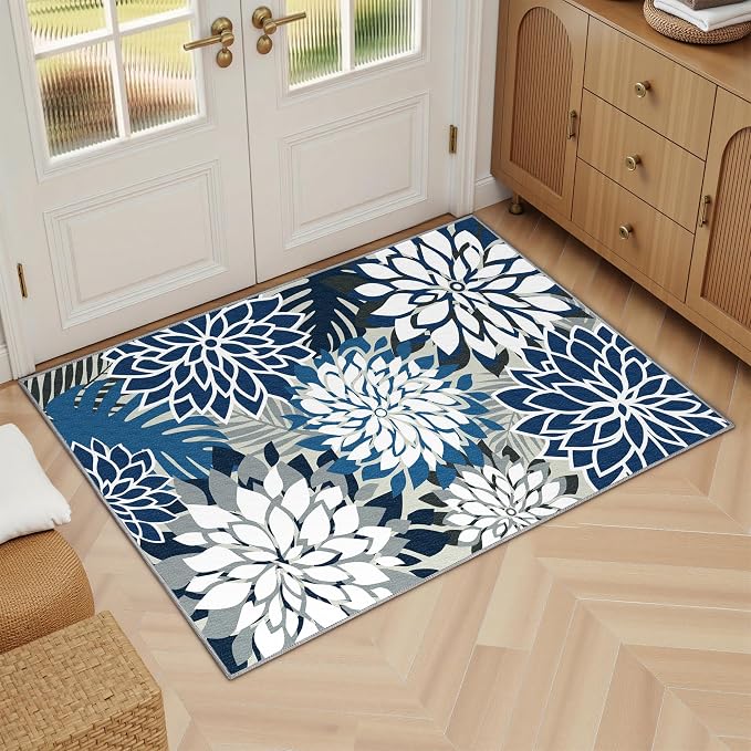 Arenarug 2x3 Washable Small Rug Tropical Botanical Modern Floral Indoor Chenille Door Mat Carpet Non Slip for Patio, Entry Way, Entrance, Porch, Blue