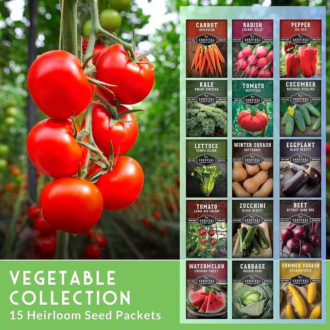Vegetable Garden Seed Vault for Planting – 15 Pack Collection | Heirloom Non-GMO Family Garden Kit & Gift – Tomato, Lettuce, Cucumber & Squash – Indoor or Outdoor Growing – Survival Garden Seeds
