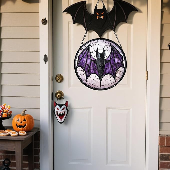 Stained Glass Window Hanging - Halloween Black Bat Purple Wings Monster Suncatcher for Doors Garden Home Spooky Sun Catchers Gothic Decor Horror Gift for Women Men Friend Boy Girl 9.8 in