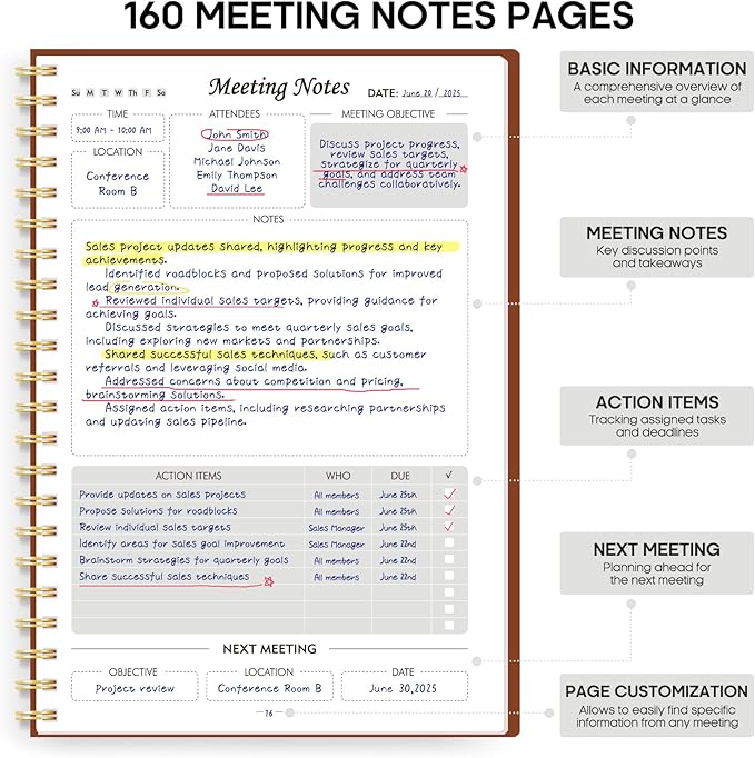 Taja Meeting Notebook for Work Organization - Work Planner Notebook with Action Items, Agenda Planner for Note Taking, 160 Pages (6.9" X 9.9") Project Organizer for Men & Women - Rust Brown