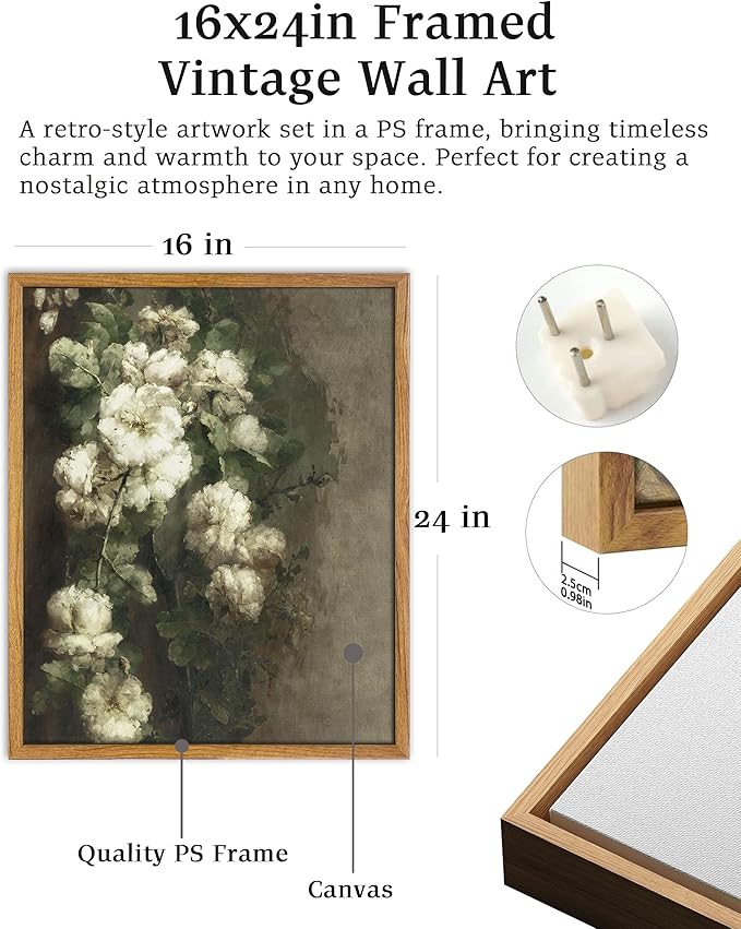 UPWOIGH 16x24 in Large Framed Wall Art, Cream White Roses Bouquet Oil Painting Canvas, Vintage Floral Botanical Still Life Print, Retro Moody Wall Decor for Living Room Bedroom, 1 Pack Gift