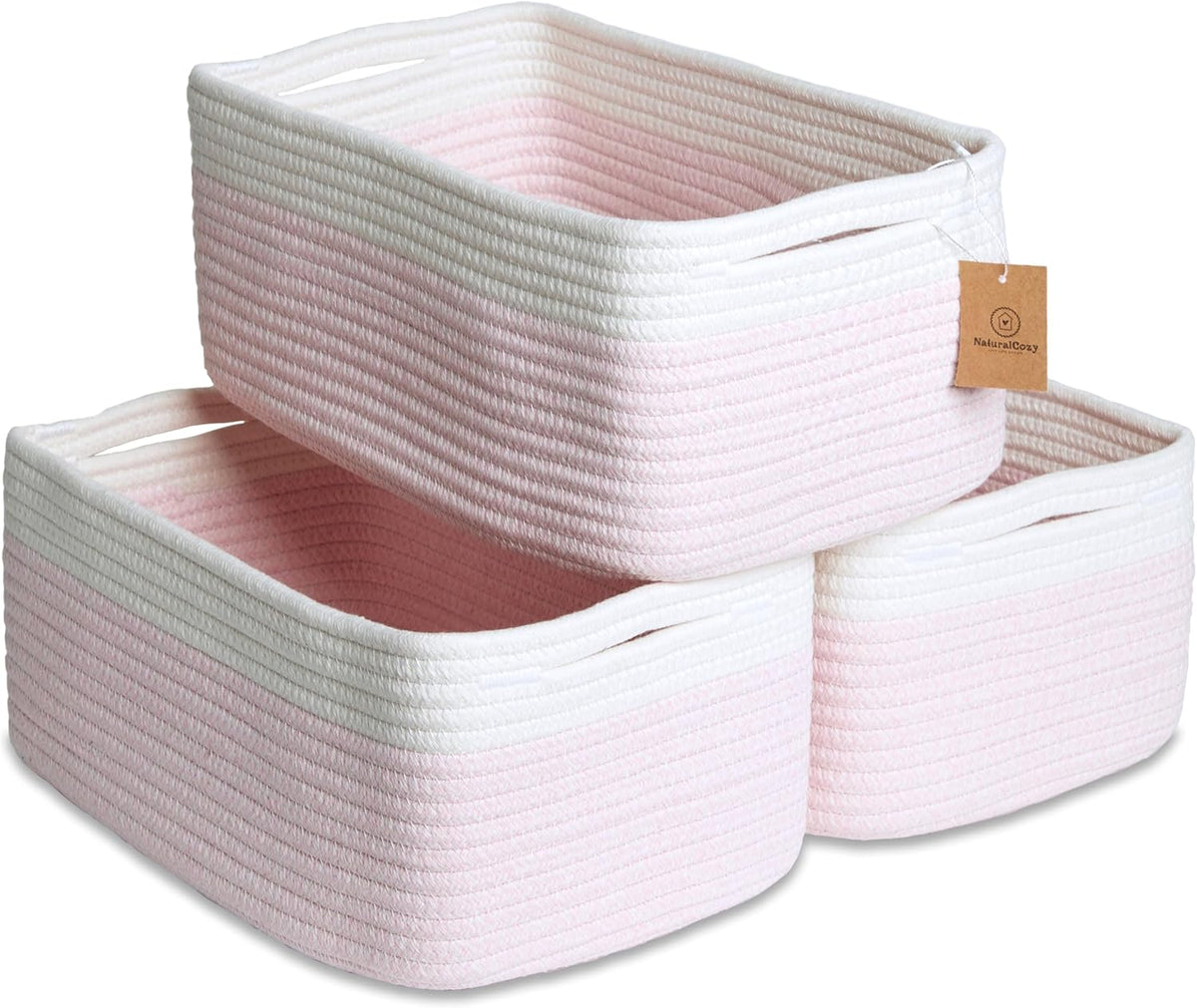 NaturalCozy 13.5”x8.5”x5.5” Rectangle Storage Baskets for Shelves 3 Pack | Cotton Rope Woven Small Baskets for Organizing | Small Storage Bins for Nursery, Bathroom, Closet, Shelf, Decorative