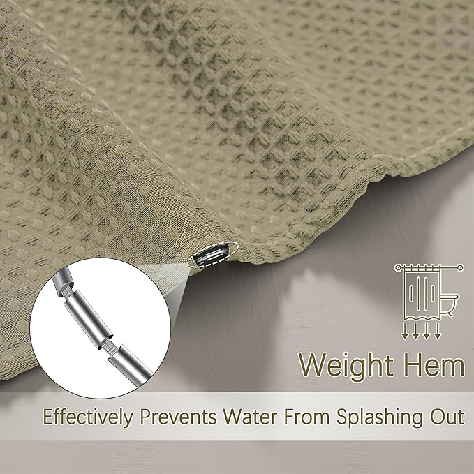 Taupe Shower Curtain 256GSM Heavy Duty Waffle Woven Bathroom Shower Curtains, Weighted Fabric Shower Curtains for Hotel Spa Luxury Polyester Bath Curtain with 12 Hooks, 72Wx72H