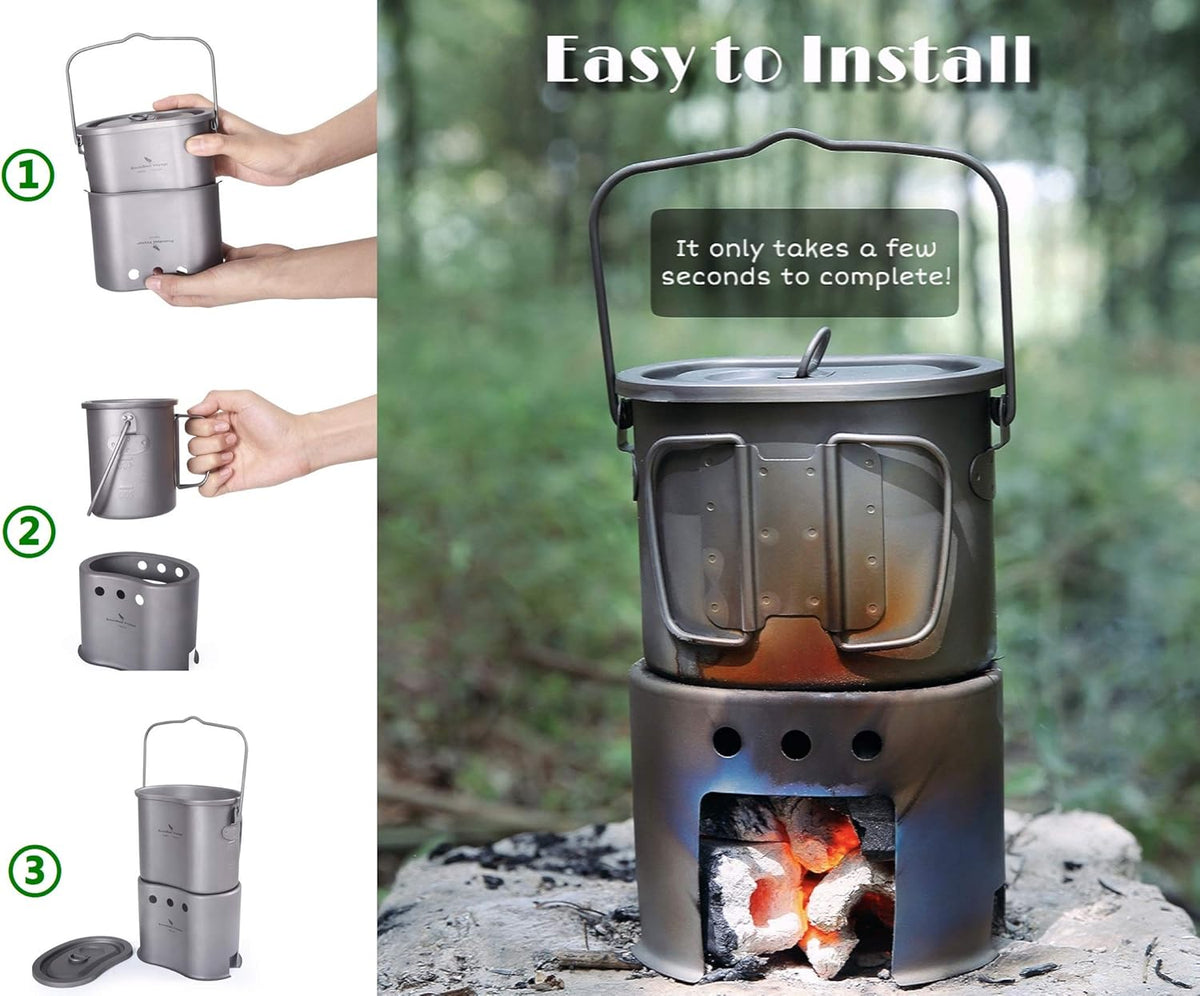 Ultralight Titanium Camping Pot Set with Lid - 800ml Wood Stove Mug for Hiking & Backpacking