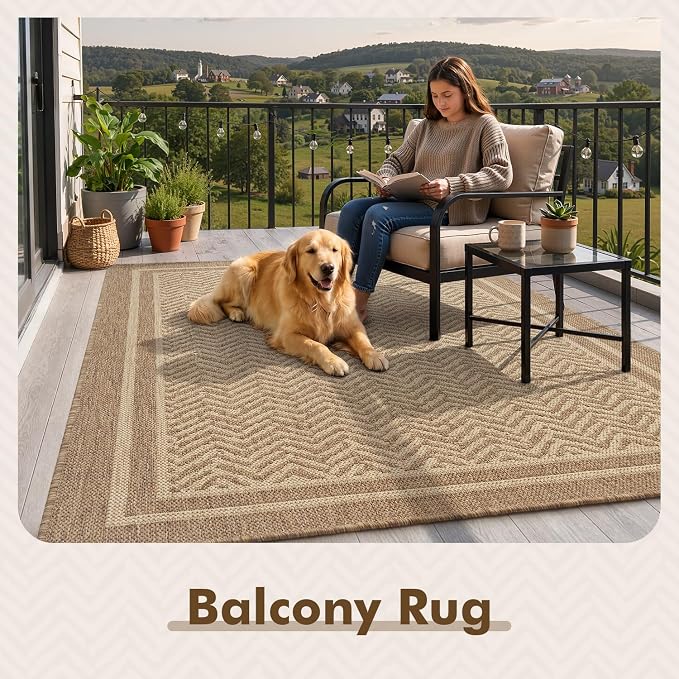MontVoo-Outdoor Rug-Patio Rug 6x9 Polypropylene Indoor Outdoor Rugs Outdoor Carpet for Patio Deck Balcony Porch, Textured Weave, Durable for High Traffic, Fade-Resistant, Boho Farmhouse Neutral Brown