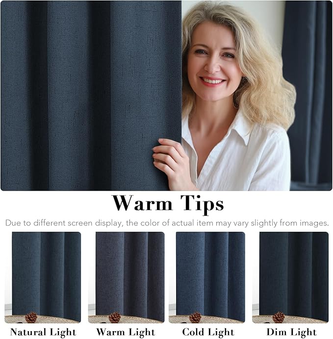 H.VERSAILTEX Linen Blackout Curtains Durable Thick Textured Linen Look 100% Blackout Patio Door Curtain Anti Rust Grommet Extra Wide Sliding Door Curtain Panel, 100 inch W X 108 inch L - Navy