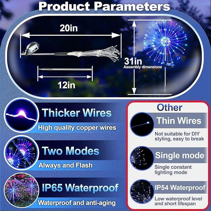 Anordsem Solar Lights Outdoor Waterproof: Garden Light Solar Powered for Yard Outside - Fireworks Lamp Colorful Lighting Path Decor 6 Pack - LED Sparkler DIY Decorating Gifts for Women Mom Wife