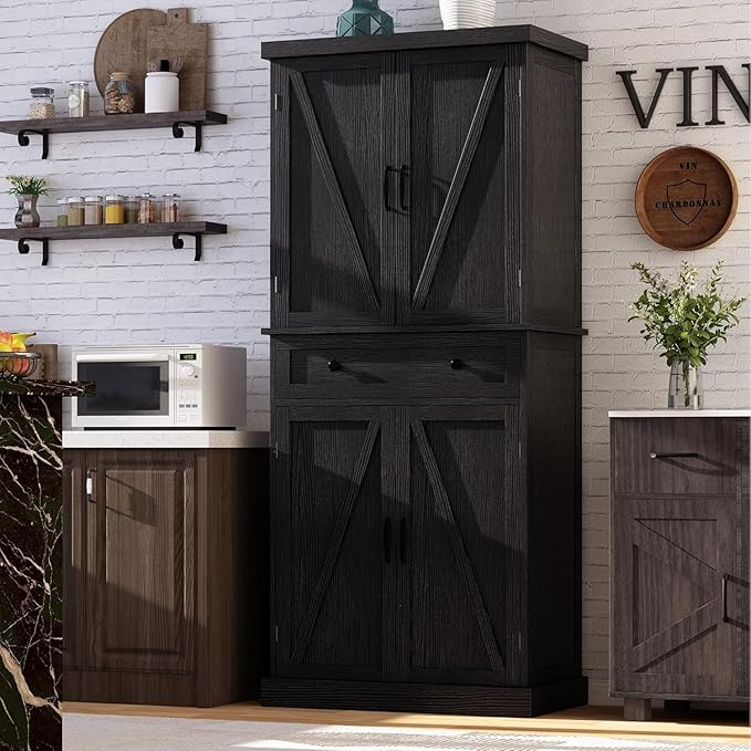 72" Tall Kitchen Pantry Cabinet, Black Pantry Storage Cabinet with Adjustable Shelves, Barn Doors and Drawer, Farmhouse Cupboard for Kitchen, Dining Room, Bathroom (16" D x 30" W x 72" H)