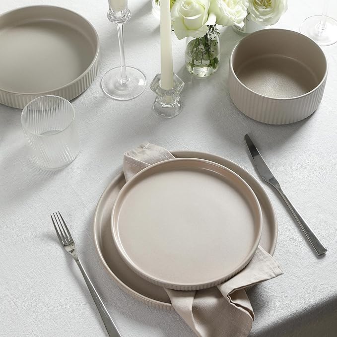 Stone Lain Haven Stoneware 16-Piece Dinnerware Set, Plates and Bowls Sets for 4, Dish Set, Includes Dinner sets, Salad Plates, Cereal Bowls, Glassware, Microwave & Dishwasher Safe, Beige