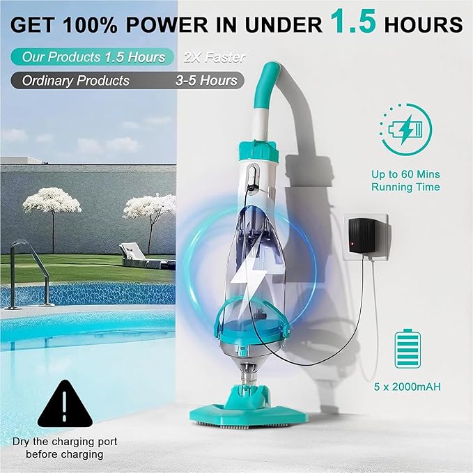 Handheld Spa Hot Tub Vacuum- Cordless Above Ground Pool Cleaner with 60" Extendable Pole, 60 Mins Running Time, 19 Gallons/Min Powerful Suction, Ideal for Cleaning Debris and Sand Underwater