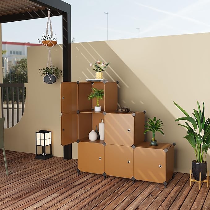 Cube Storage Organizer, 6-Cube Shelves Unit with Doors, DIY Stackable Plastic Clothes Organizer for Bedroom and Under Stairs Storage Unit, Each Compartment 30 x 30 x 30 cm Brown ATTSL6007