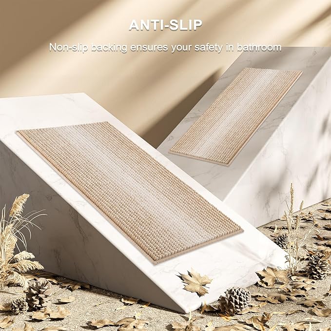 BSICPRO Bathroom Rugs and Mats Sets, 2 Piece Thick Absorbent Chenille Bath Mat Rug Set Non Slip, Soft Shaggy Bath Room Floor Mats for Bathroom, Machine Washable (Beige, 20" x 47" Plus 20" x 32")