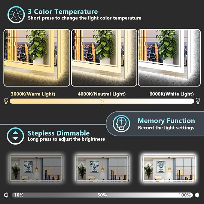 72x32 LED Bathroom Mirror with Lights, Backlit and Front Lit Anti-Fog Lighted