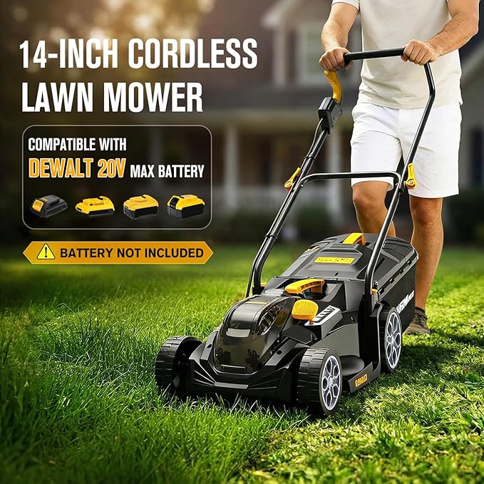 HEINPRO 14" Cordless Lawn Mower Compatible with Dewalt 20V MAX Battery, 2-in-1 Brushless Electric Lawn Mower for Small Yards, Push Mowers with 5-Position Height Adjustment, Black (Tool Only)
