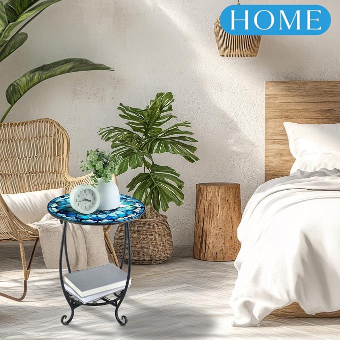 Cinnvoice Outdoor Side Table Round Small Mosaic Patio Accent Indoor End Plant Coffee Tea Table for Yard Patio Porch Garden Living Room, Bedroom(Mandala Style,12 Inch)
