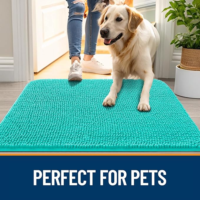 OLANLY Dog Door Mat for Muddy Paws 47x17, Absorbs Moisture and Dirt, Absorbent Non-Slip Washable Doormat, Quick Dry Chenille Mud Mat for Dogs, Entry Indoor Entryway Carpet for Inside Floor, Teal