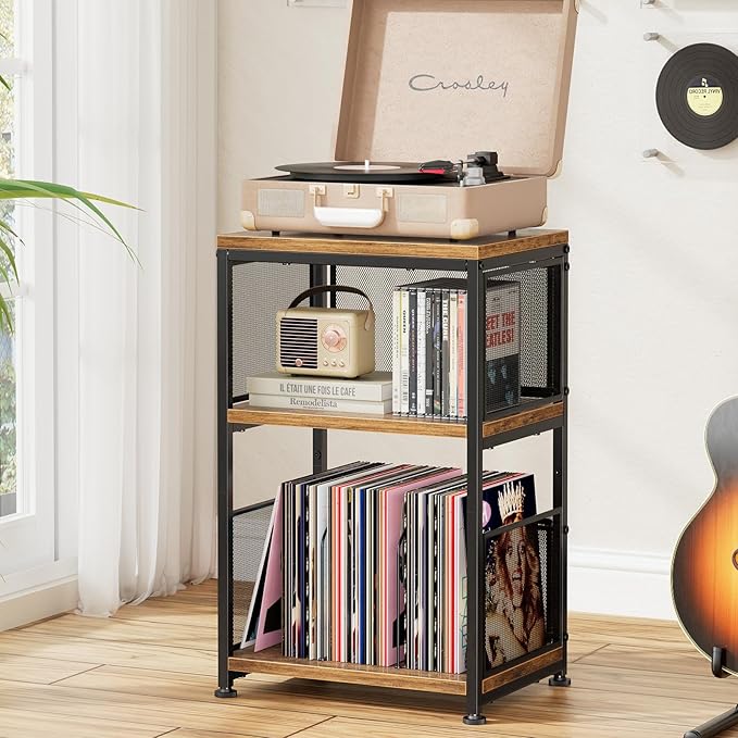 Simple Trending Record Player Stand, Turntable Stand with Vinyl Storage Holds Up to 200 Albums, Large Record Player Table with Adjustable Divider, Rustic Brown