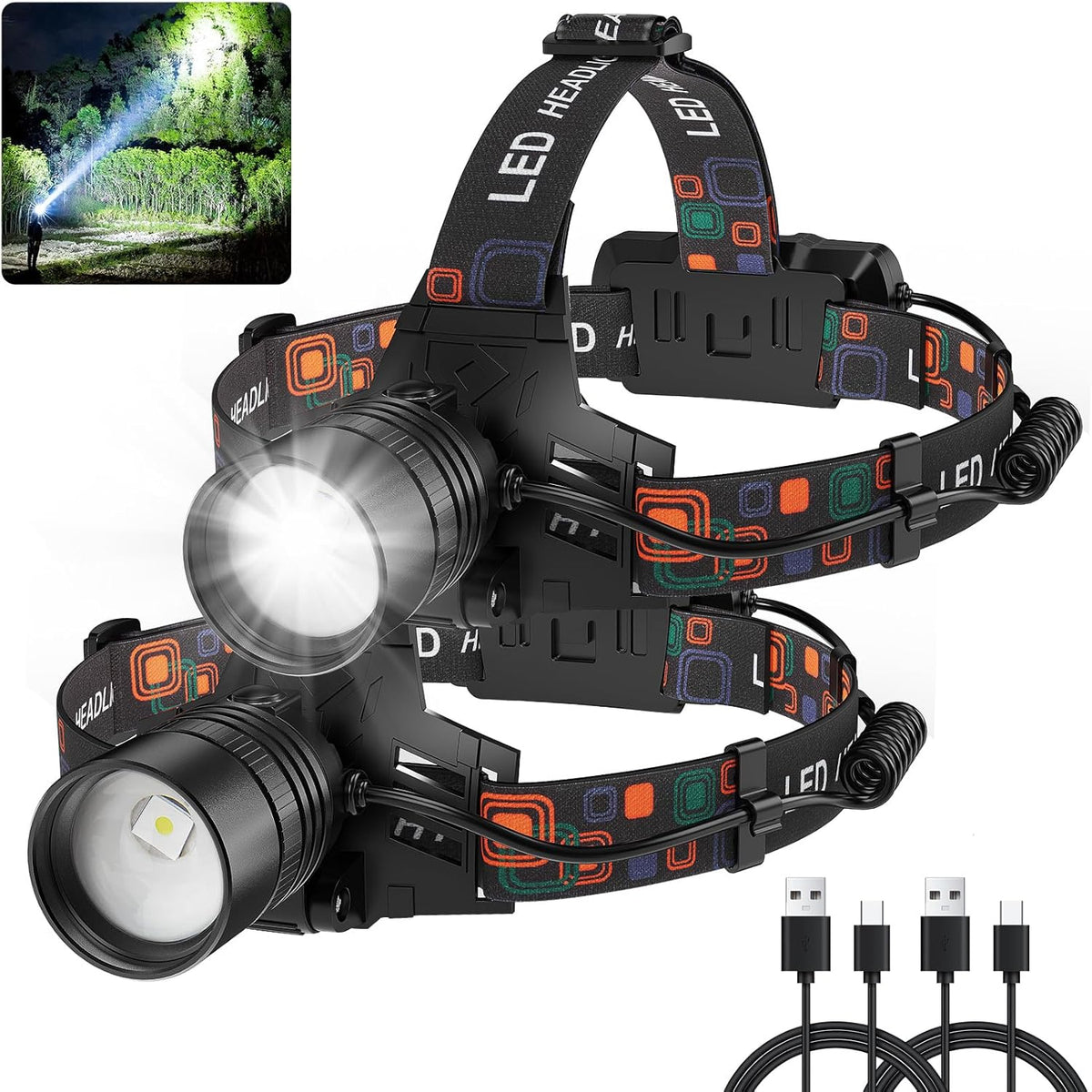 Skiennix Rechargeable Headlamp - 99,000 Lumens Super Bright LED | 3 Modes, 90° Adjustable, IPX6 Waterproof, 45H Runtime