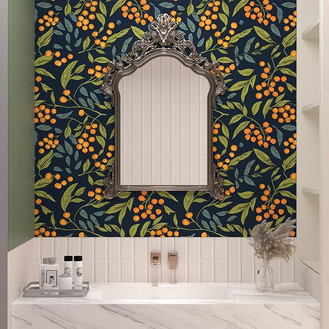 BOKEBEVE Dark Blue Wallpaper Peel and Stick Boho Leaf Contact Paper Floral Wall