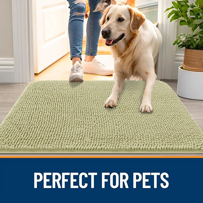 OLANLY Dog Door Mat for Muddy Paws 59x32, Absorbs Moisture and Dirt, Absorbent Non-Slip Washable Doormat, Quick Dry Chenille Mud Mat for Dogs, Entry Indoor Entryway Carpet for Inside Floor, Vanilla