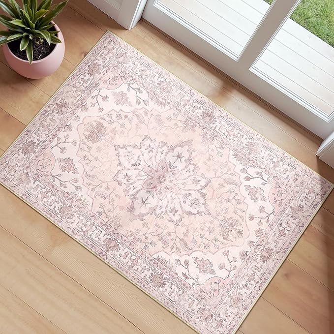 Area Rugs 2'x3' Kitchen Rugs Entry Rug Small Rugs for Entryway Kitchen Bathroom Door Mat Indoor Entrance,Washable Non Slip, Pink Greypink Cute