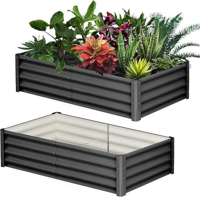GarveeHome 6 * 3 * 1FT Raised Garden Bed Kit, Galvanized Raised Garden Beds Outdoor for Gardening, Above Planter Boxes, Large Garden Bed for Vegetables, Fruits, Dark Grey, 2 Pcs