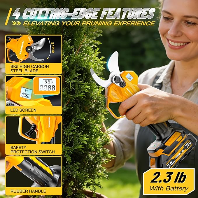 2.05"/ 56mm Electric Pruning Shears, Cordless Electric Scissors LCD Display＆SK7 Blades, 21V Brushless Motor Branch Cutter with 2 PCS Rechargeable 2000mAh Batteries & 2 Blades (Yellow)