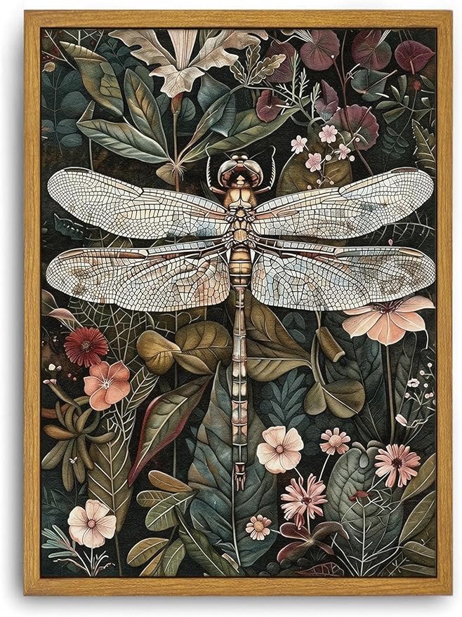 Djmwtb Vintage Framed Wall Art Botanical Dragonfly Canvas Wall Art Prints Green Boho Nature Painting Flower Pictures Wall Decor Artwork for Living Room Bedroom Bathroom Office 8x10in