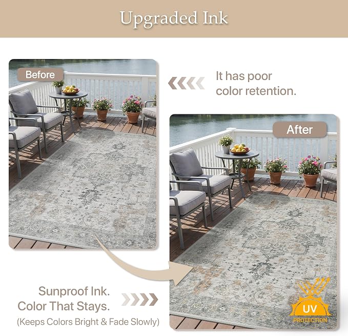 GENIMO Outdoor & Indoor Area Rug 6'x9', Waterproof, Non-Shedding, Easy Cleaning, Abstract Front Door Mat for Patio, Entryway, Porch, Living Room, Bedroom, Bathroom, Outside Carpet, Light Grey