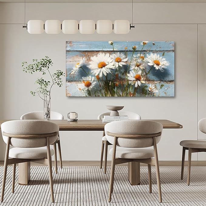 JLXART Watercolor Flowers 24x48inch Wall Art Canvas Decor White Daisy Floral Wood Background Prints Pictures for Kitchen Bedroom Home