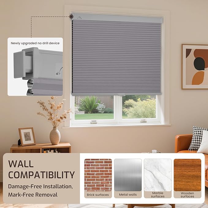 Grandekor No Drill No Tools Cordless Cellular Shades, 32.5" W x 64" H, UV