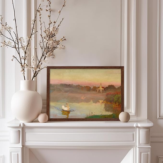 Poster Master Vintage Pond in Radziejowice Poster - Retro Swan Print - Lake Art - Landscape Art - Farmhouse Art - Animal Lover Art - Aesthetic Living Room or Office Decor, 11x14 Brown Framed