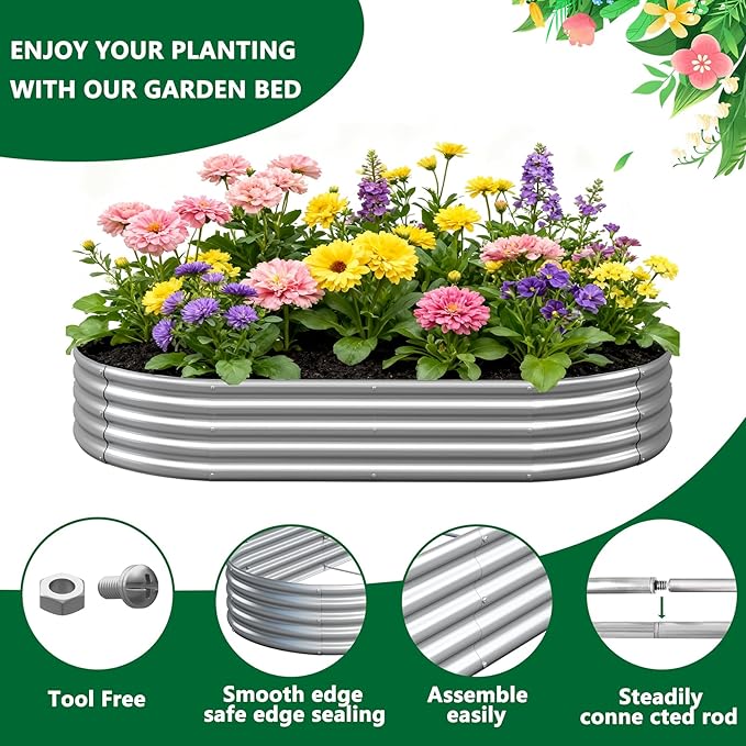 zizin 2 Pack Galvanized Raised Garden Bed Metal Oval Raised Garden Beds Outdoor Planter Box for Vegetables (8x4x1FT, Silver)