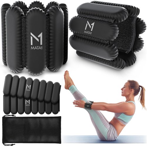 Ankle & Wrist Weights for Men & Women - Set of 2, 1 lb / 0.5 kg each, Black - Adjustable Silicone Workout Bands w/Removable Weights for Fitness & Training - by Mata1-USA