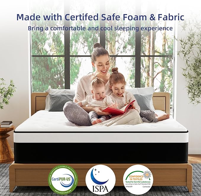 Full Mattress, 14 Inch Full Hybrid Mattress in a Box with Memory Foam, Medium Firm, Euro Top, Reinforced Edge Support, Pressure Relief & Motion Isolation, CertiPUR-US Certified