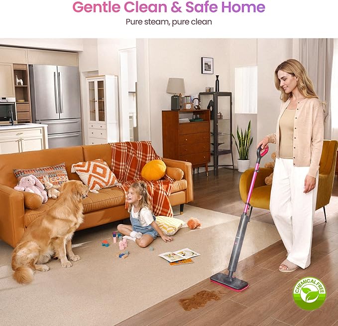 Schenley Steam Mop Cleaner Powerful - 15s Fast Heat-Up, Chemical-Free for Hardwood/Tile/Laminate & Floors/Walls, Washable Pads, 3 Modes for Carpet, Lightweight, Self-Standing, Sleek Design