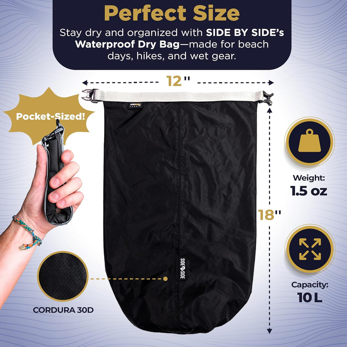 Skiennix Waterproof 10L Dry Bag - Lightweight, Durable Side Bag for Kayaking, Hiking & Camping | Black