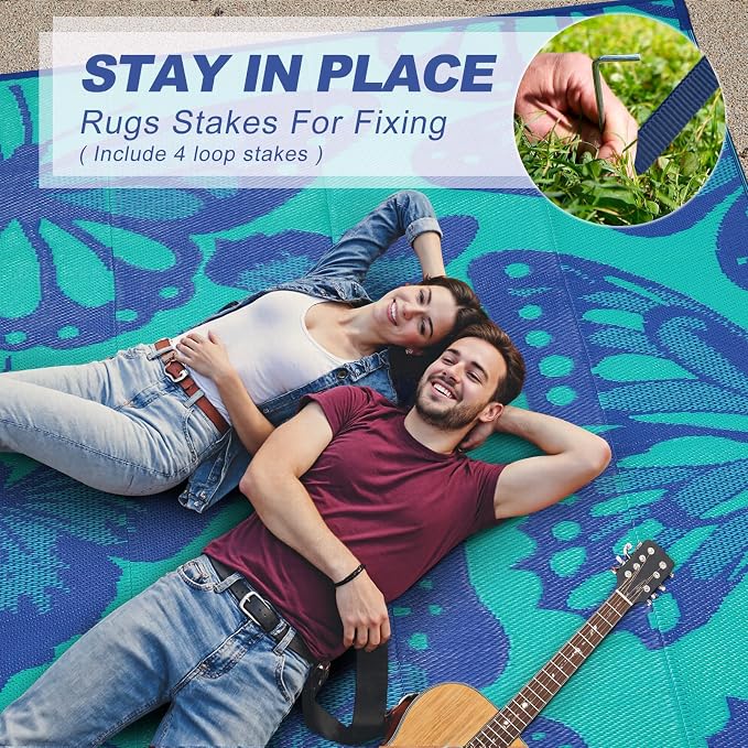 Anidaroel Butterfly Patio Rugs Outdoor 8X10 Waterproof, Reversible Plastic Straw Outside Area Rug, RV Outdoor Mat for Under Awning, Pool Deck, Picnic, Porch (Purple&Green,8‘X10')
