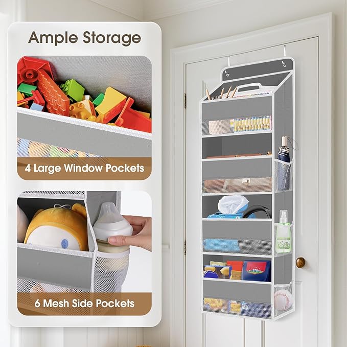 1 Pack Over The Door Organizer, Hanging Storage Organizer with Clear Window, 40lb Ultra Sturdy Large Capacity Room Organizer for Pantry Laundry Bathroom Nursery Closet Baby Essential (Grey)